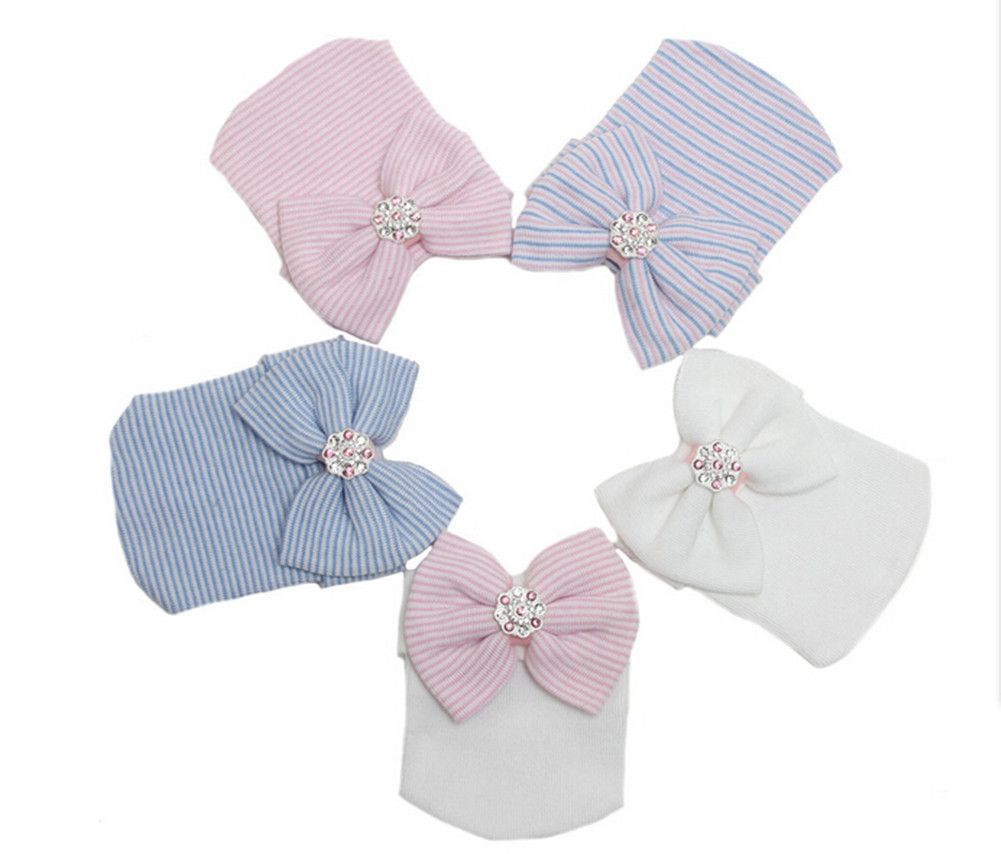 Baby Cute Hat with Bowknot Decorated Rhinestones Embellished Stripes Style Warm and Breathable Beanie Cap