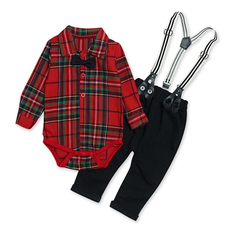 Children's Spring Fall Boy Plaid Shirt Conjoined Jacket + Strap Pants Three Pieces