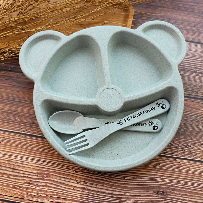 Baby Wheat Straw bowl+spoon+fork Feeding Food Tableware Cartoon Bear Kids Dishes Eating Dinnerware Set Anti-hot Training Plate