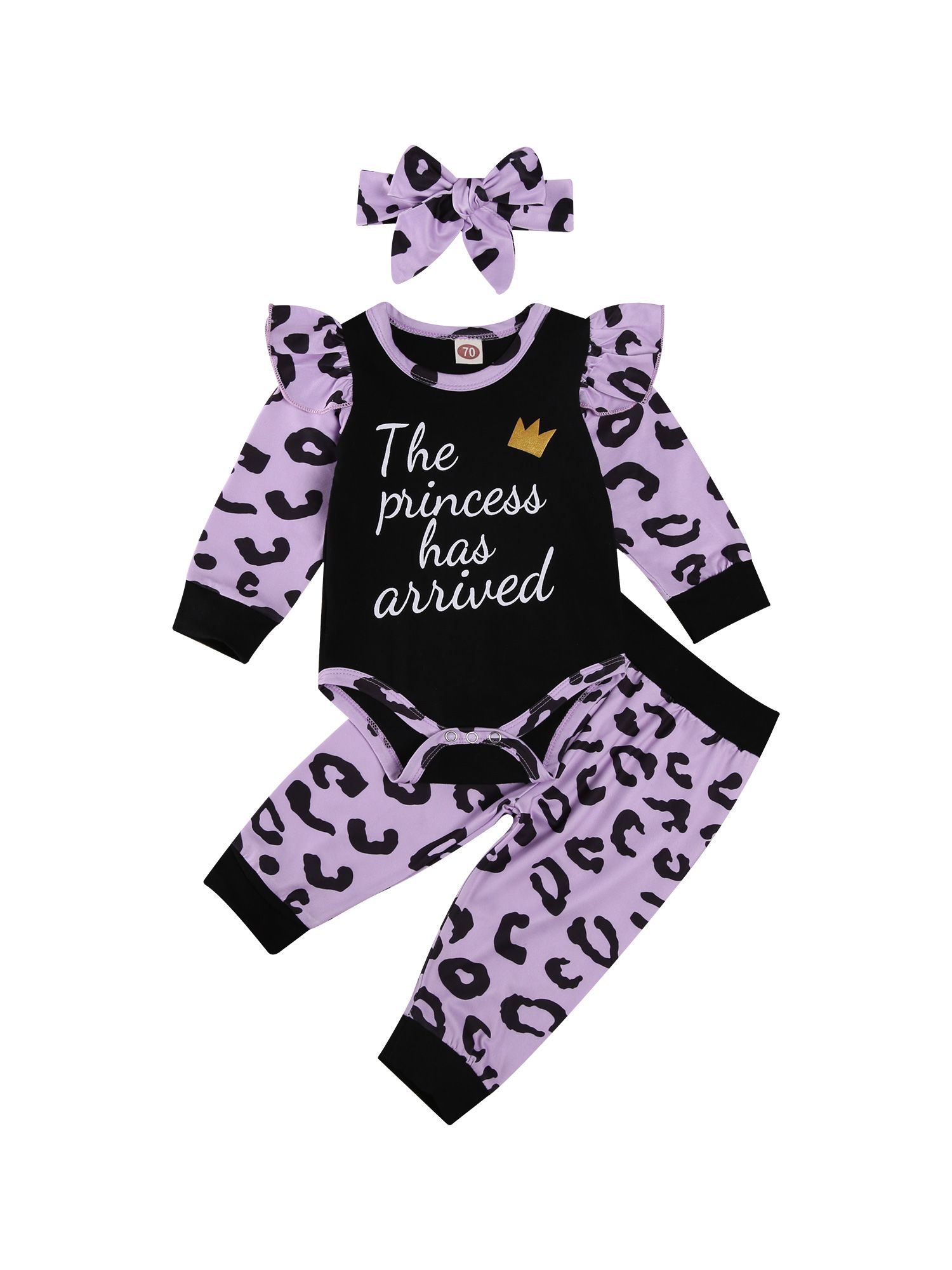 Baby Girls Three-piece Clothes Set, Long Sleeve Round Collar Romper + Pants + Headdress, Yellow/ Brown/ Purple/ Pink