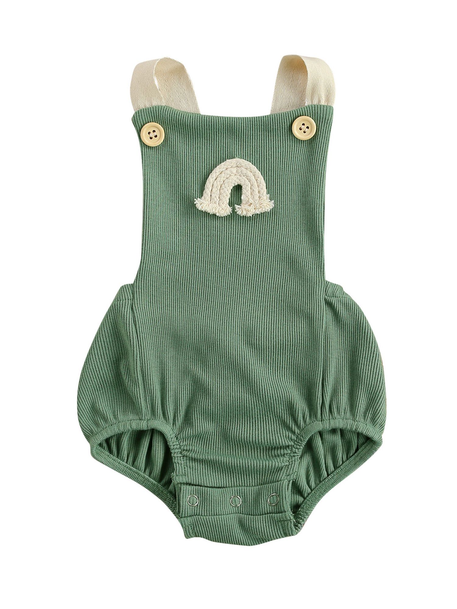 Newborn Summer Ribbed Romper, Baby Girl Sleeveless Rainbow Pattern Square Collar Button Playsuit