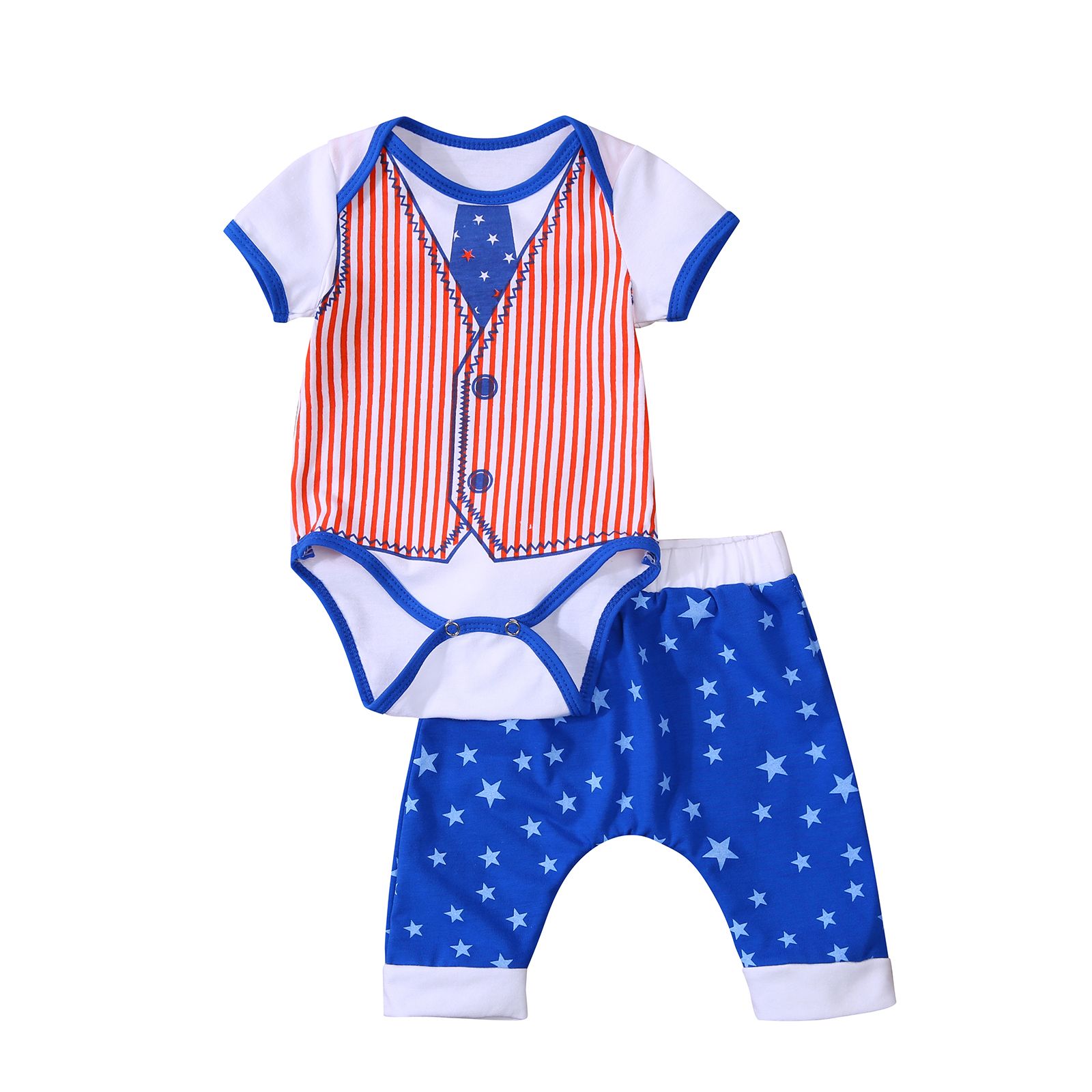 Newborn Independence Day Short Sleeve Romper+ Shorts, Five-pointed Star Print Elastic Waist