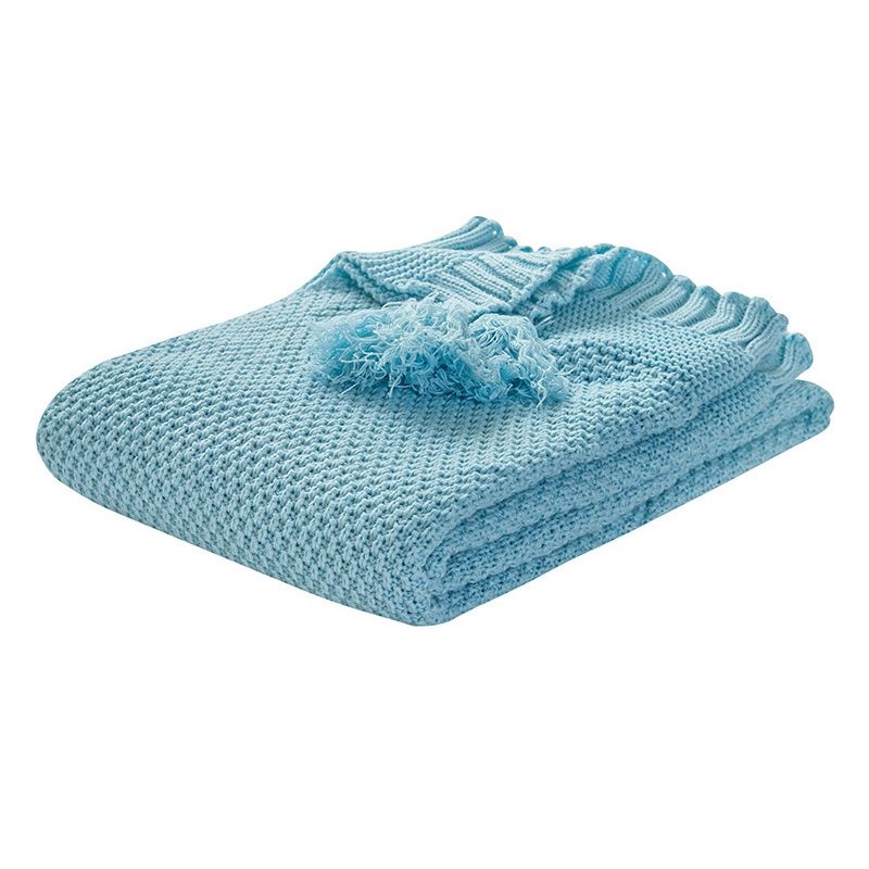 Baby Knitted Blankets with Tassel born Stroller Swaddling Wrap Kids Travel Bedding Stuff for Adult Toddlers - Blue