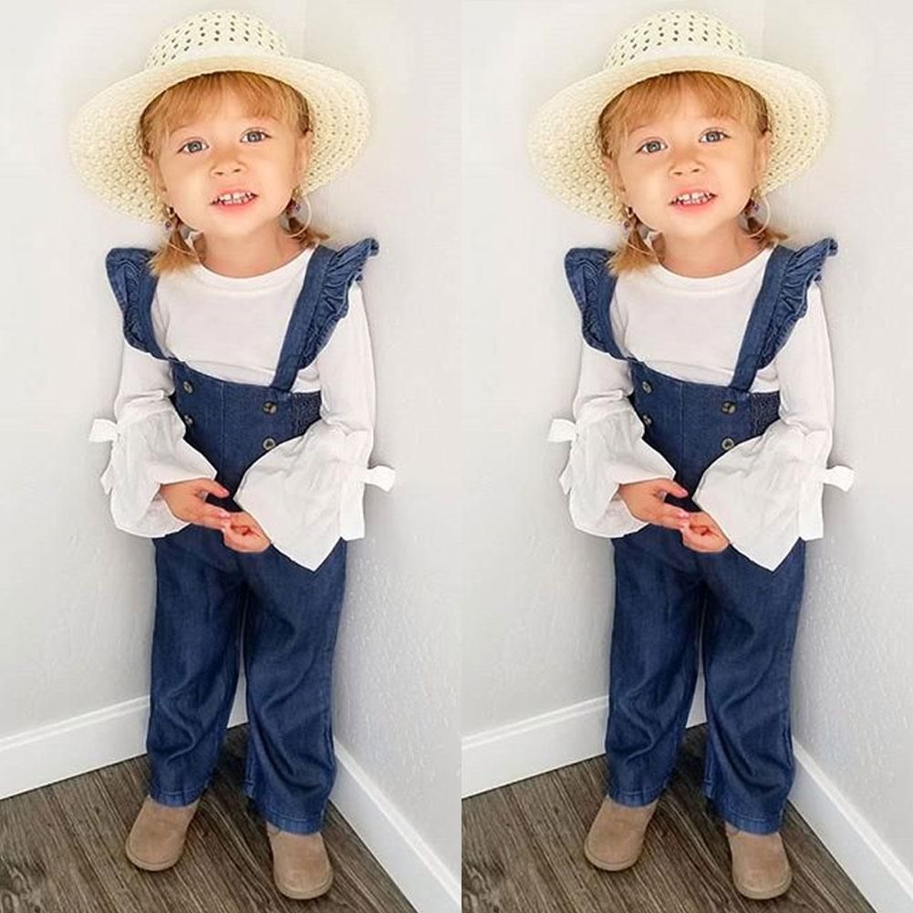 1-6Y Girl Clothes Flare Sleeve Top + Fly Sleeve Strap Trousers Jeans Pants Clothes