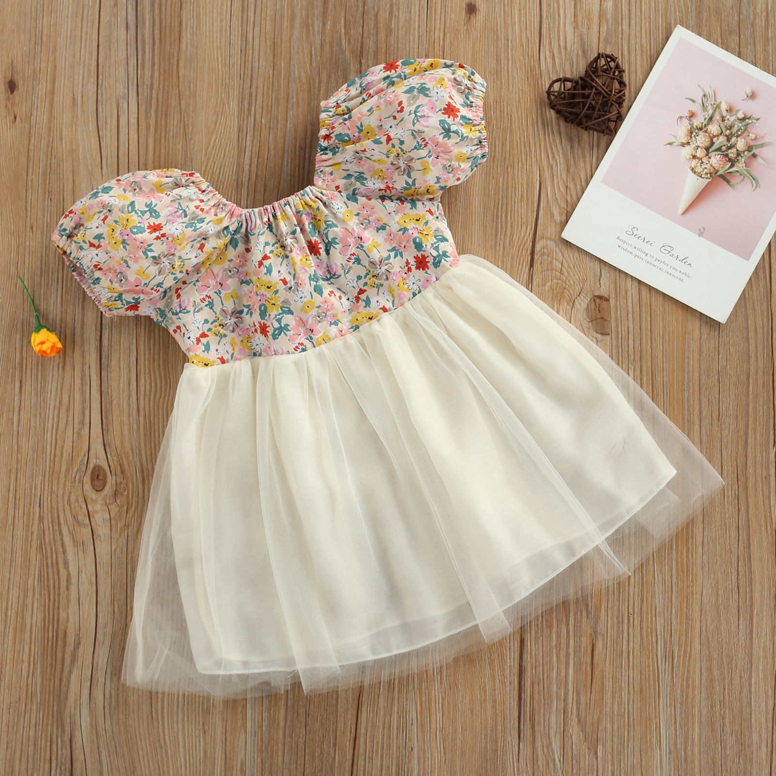 Summer Breathable Little Girls Dress, Toddlers Creative Floral Printing Mesh Splicing Backless Short Sleeve Princess Skirt