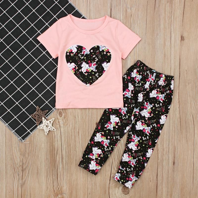Children'S Summer Girl Short Sleeve Unicorn T-Shirt Heart Top + Trousers Two Piece Set Children'S Clothing Instagram Baby Girl Clothes Kids Fortnite Toddler Skirt Shorts Panties Dress Unicorn Mickey Minnie Kid Dresses Princess Robe Infantis