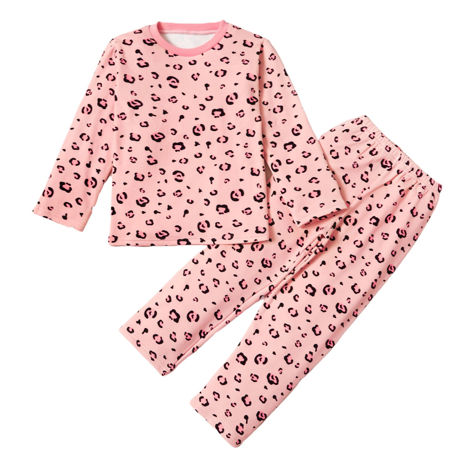 Lovely Kids Pajamas Set, Long Sleeve Round Neck Leopard Tops Elastic Waist Long Pants, Kids Clothing
