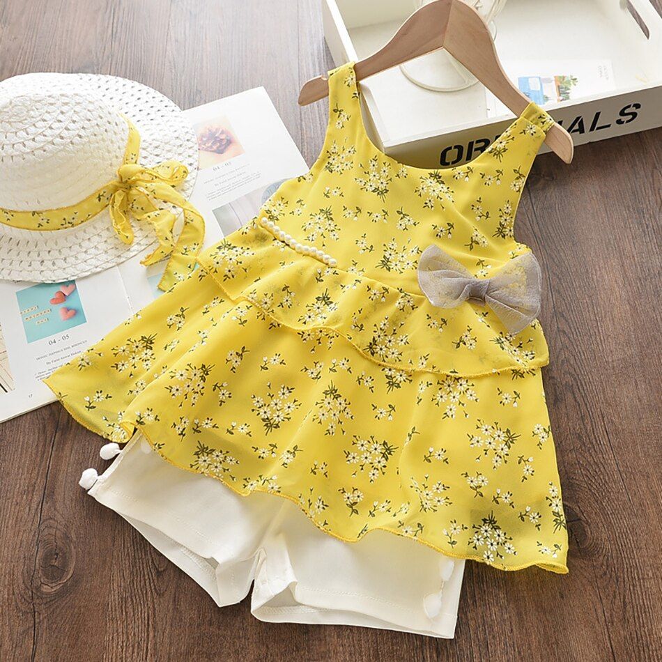 Summer Children Clothes Casual New Top Shorts 3 PCS Dress, Short, Hat For 1-6 Years Kids