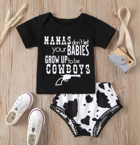 2Pcs Fashionable Baby Girls Outfits Sweet Style Round Collar Short Sleeve Letter Top + Cow Print Lace Shorts