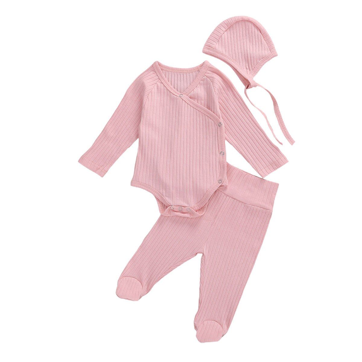 Infant 3Pcs Ribbed Clothes Outfit, Infant Baby Girls Boys Long Sleeve Solid color Romper + Long Pants + Cap, White/ Pink/ Purple