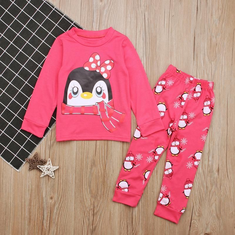 Children'S Spring Autumn Girl Penguin Long-Sleeved T-Shirt + Trousers Two Pieces Set