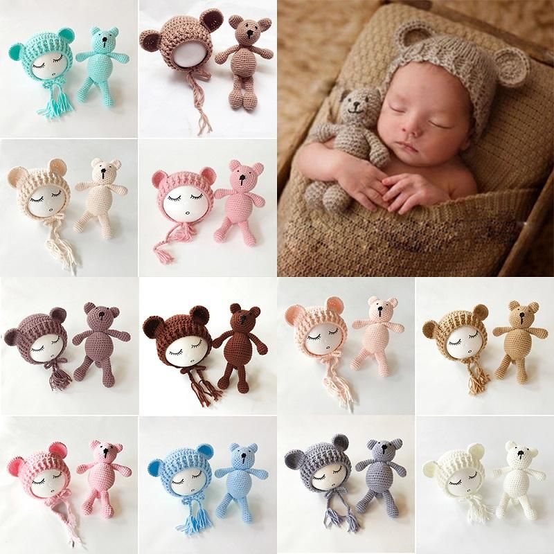 Newborn Baby Girl Boy Photography Prop Photo Crochet Knit Costume Bear Hat Set