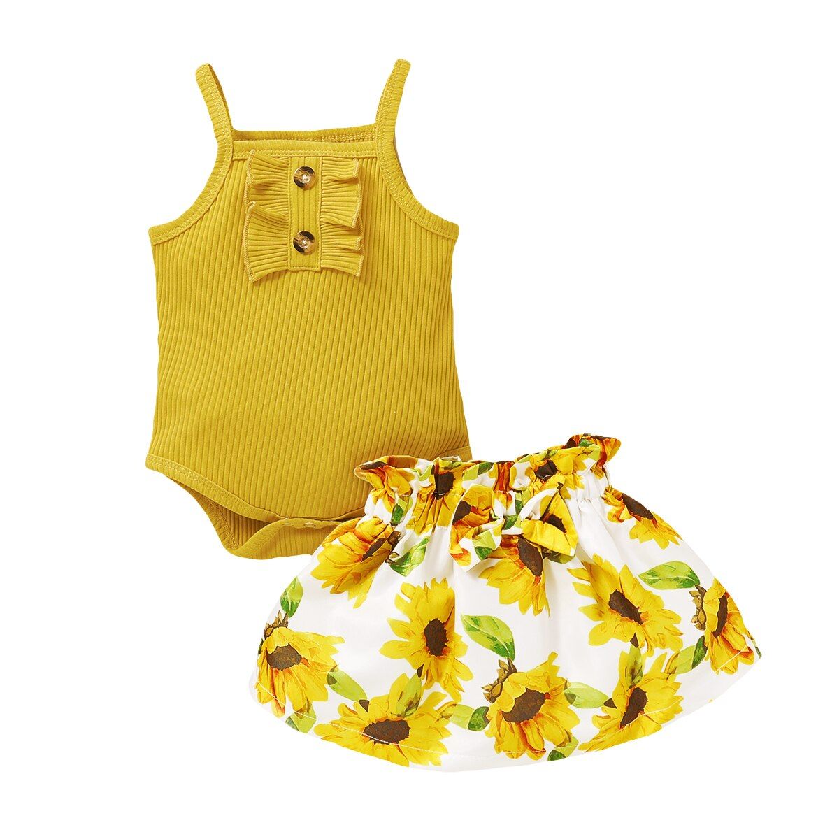 Summer Newborn Infant Baby Girls Outfits 2-Piece Set Summer Fashion Casual Solid Color Sling Jumpsuit + Floral Print Skirt Set