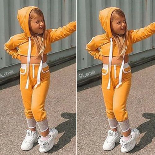 0-24M Toddler Infant Baby Girls Sport Clothes Sets Solid Long Sleeve Pullover Hood Crop Tops Pants Tracksuit Outfit
