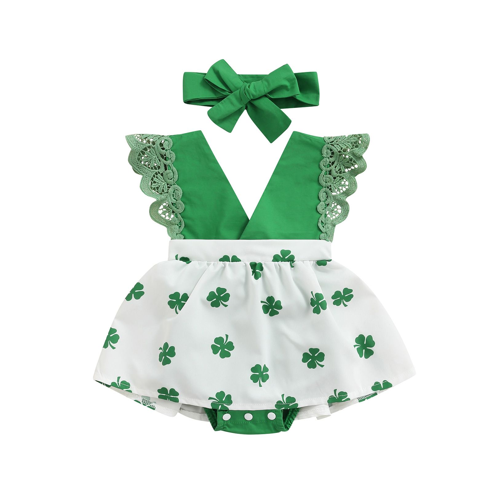Baby Girl Romper, Short Sleeve V Neck Clover Print Toddlers Casual Kid Bodysuit + Headband