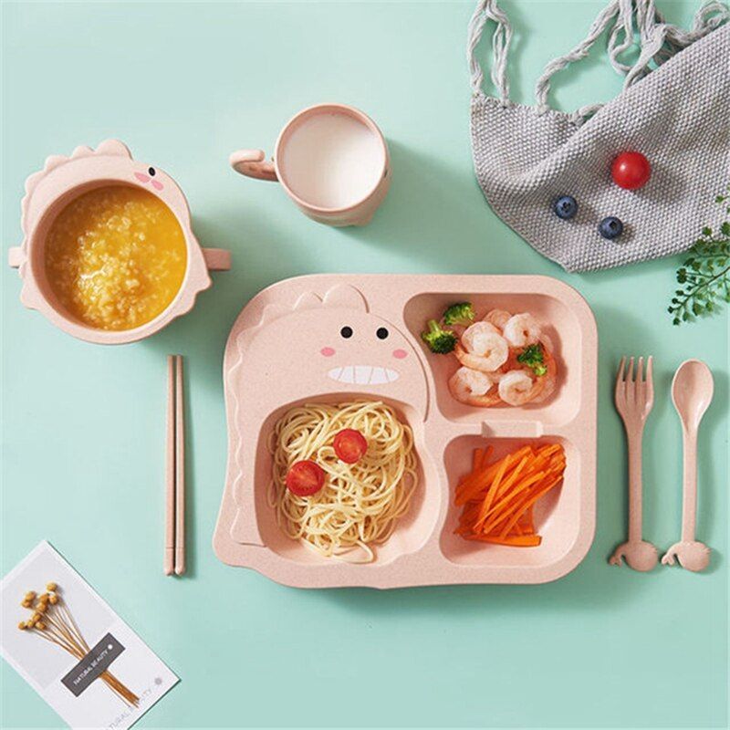 Baby Dinosaur Tableware 6 Piece Set Kids Dinner Plate Food Grade Fork Cup Food Supplement Drop-resistant Children Feeding Dishes