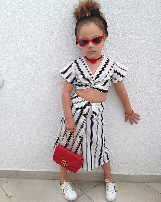 Fashion Toddler Kids Baby Girl Skirt Set Off Shoulder V-Neck Tops Long Skirt Striped Dress Outfits Clothes 2Pcs