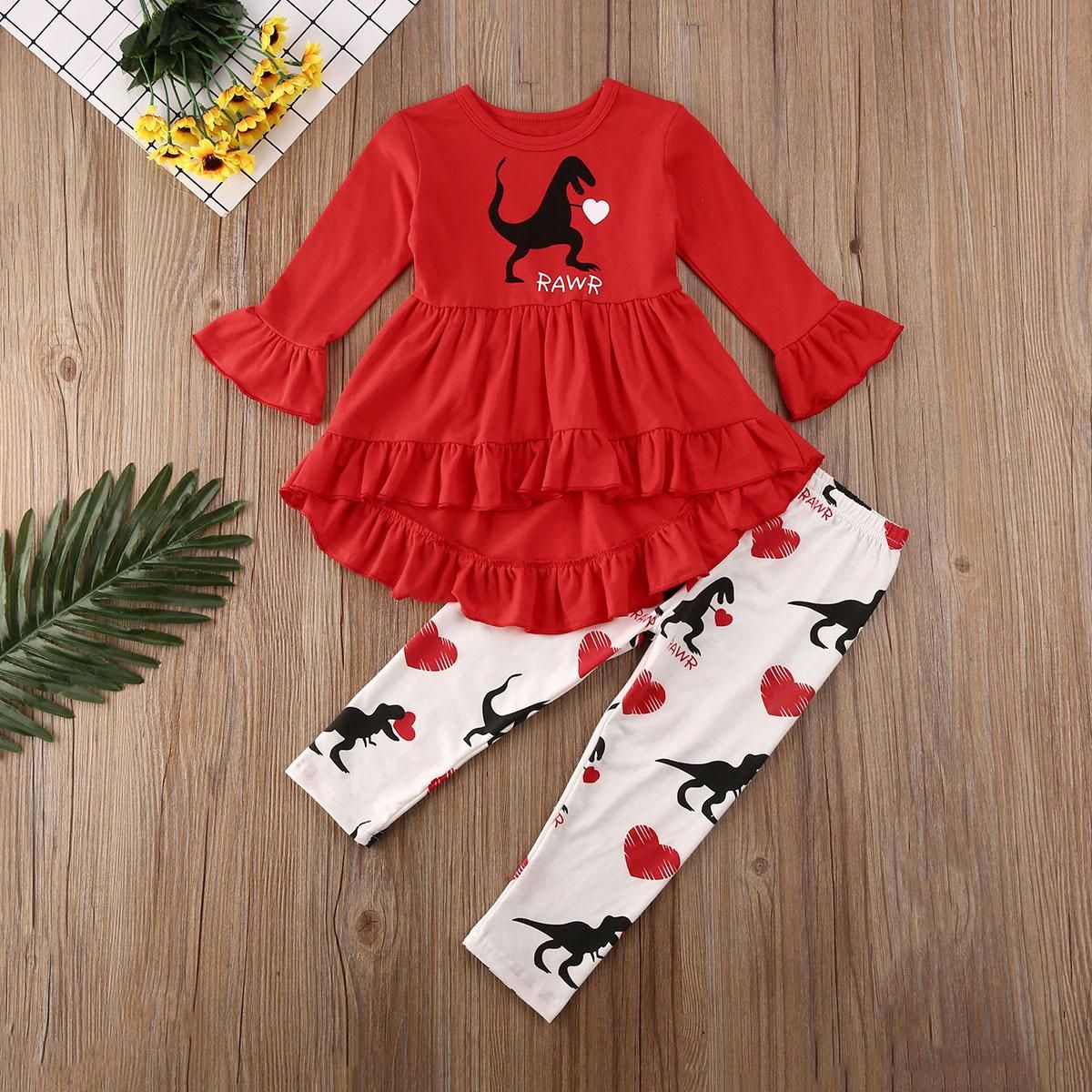 Kids Baby Girls Clothes Long Sleeve Dinosaur pullover round neck Tops lovers Heart print Pants 2pc Toddler lovely Cotton Outfits