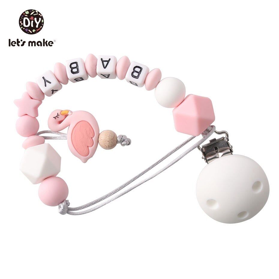 Let's make 1pc Personalized Name Dummy Clip Food Grad Silicone Chew Beads Round Teething DIY Baby Teething Pacifier Clips Chains