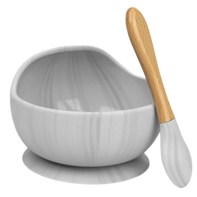 Baby Silicone Feeding Bowl Set Wooden Spoon Suction Bowl Baby Plate Kids Toddler Assist Tableware BPA Free High Quality Silicone