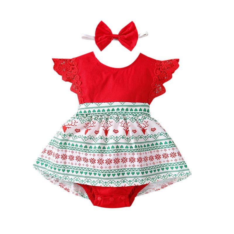 Baby Girls Christmas Clothes Set, Printed Long Sleeve O-neck Short Romper+Bow-knot Headband
