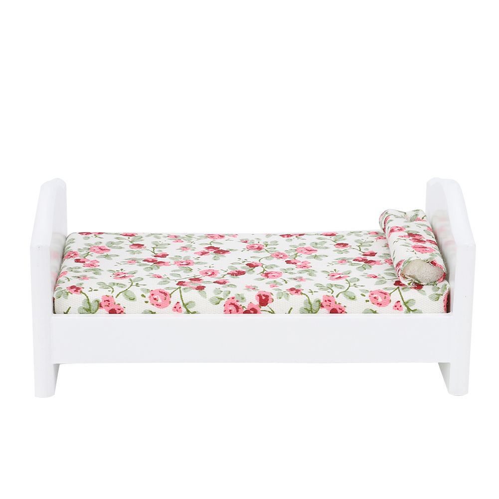 Miniature Dollhouse Bed Wooden Printed Durable Dolls House 1/12 Model Ornament Exquisite Comfortable for Kids