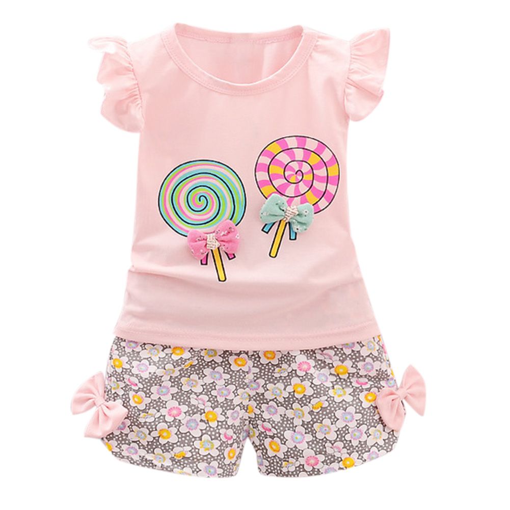 2pcs/set Girls Cotton T-shirt  +  Short  Pants LollipTop Print Clothes Outfits Short Sets