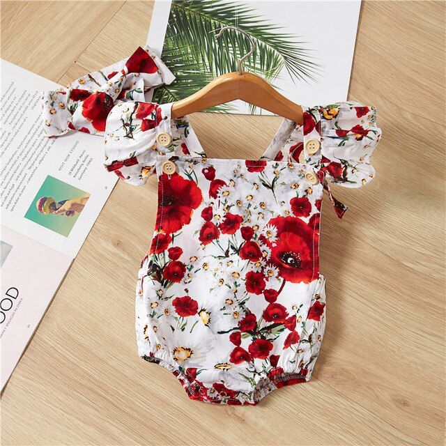 New Born Baby Clothes Baby Girl Spaghetti Straps Halter Romper + Headbamd Jumpsuit Floral Sunsuit Outfits 2 Pieces Set