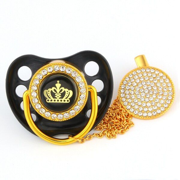 Black Bling Rhinestone Crown Beautiful Bling Pacifier and Pacifier Clip BPA Free Dummy with Cover Cap
