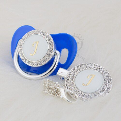 MIYOCAR silver bling pacifier and pacifier clip set name Initials letter J unique BPA free dummy bling baby shower gift  LJ-1