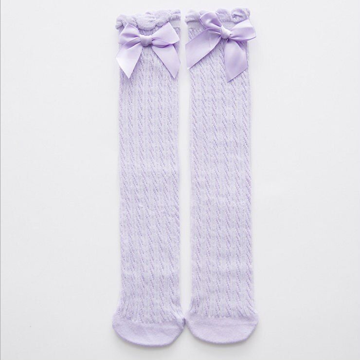 pudcoco Baby Girl Stockings Spring Knee-High Socks Infant Lace Bowknot Stockings Princess Cotton Long Tube Booties 28cm 38cm