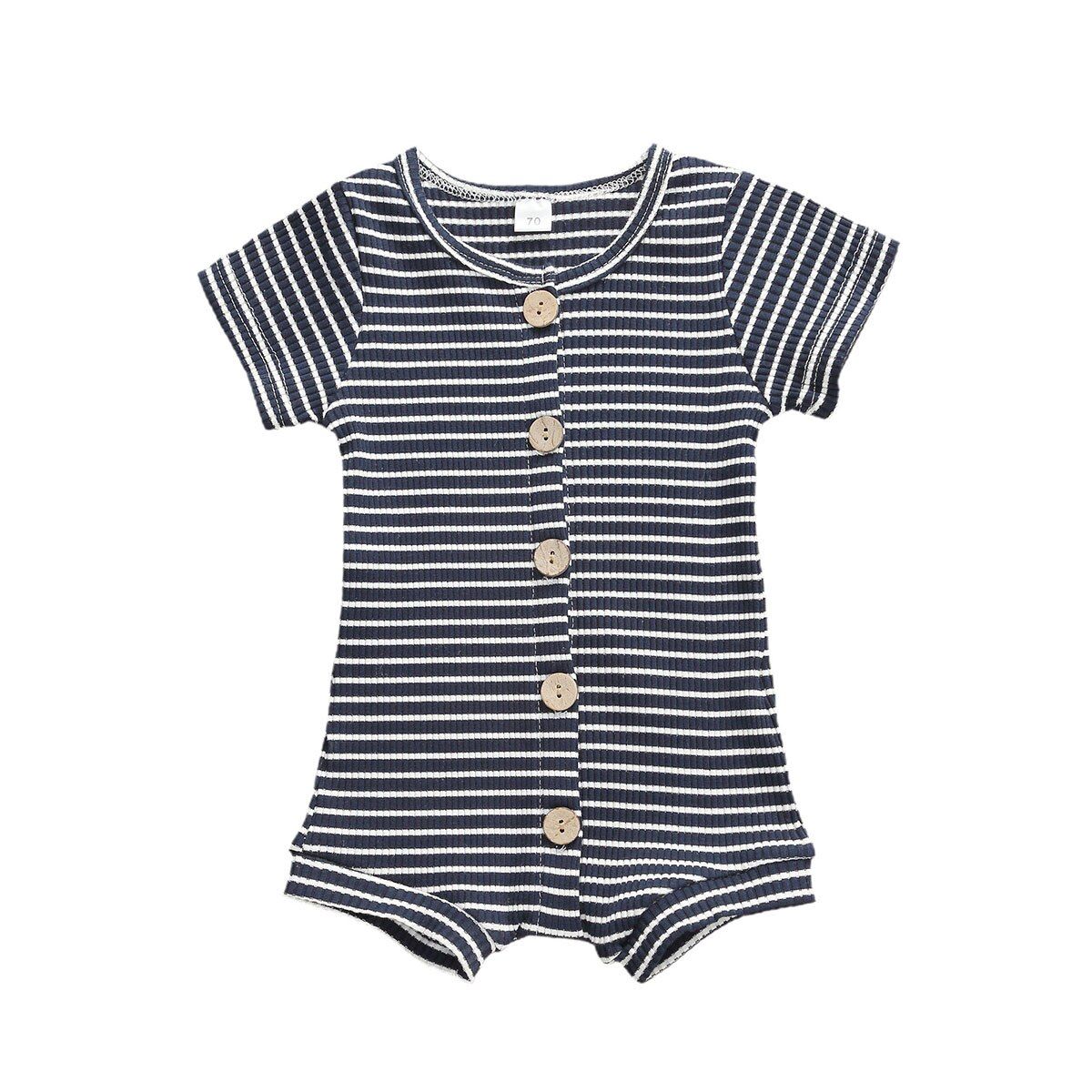 2020 0-12M Boys Girls Cotton Rompers Newborn Infant Striped Button Fly Short Sleeve Playsuit Jumpsuit Cotton Clothes Outfit