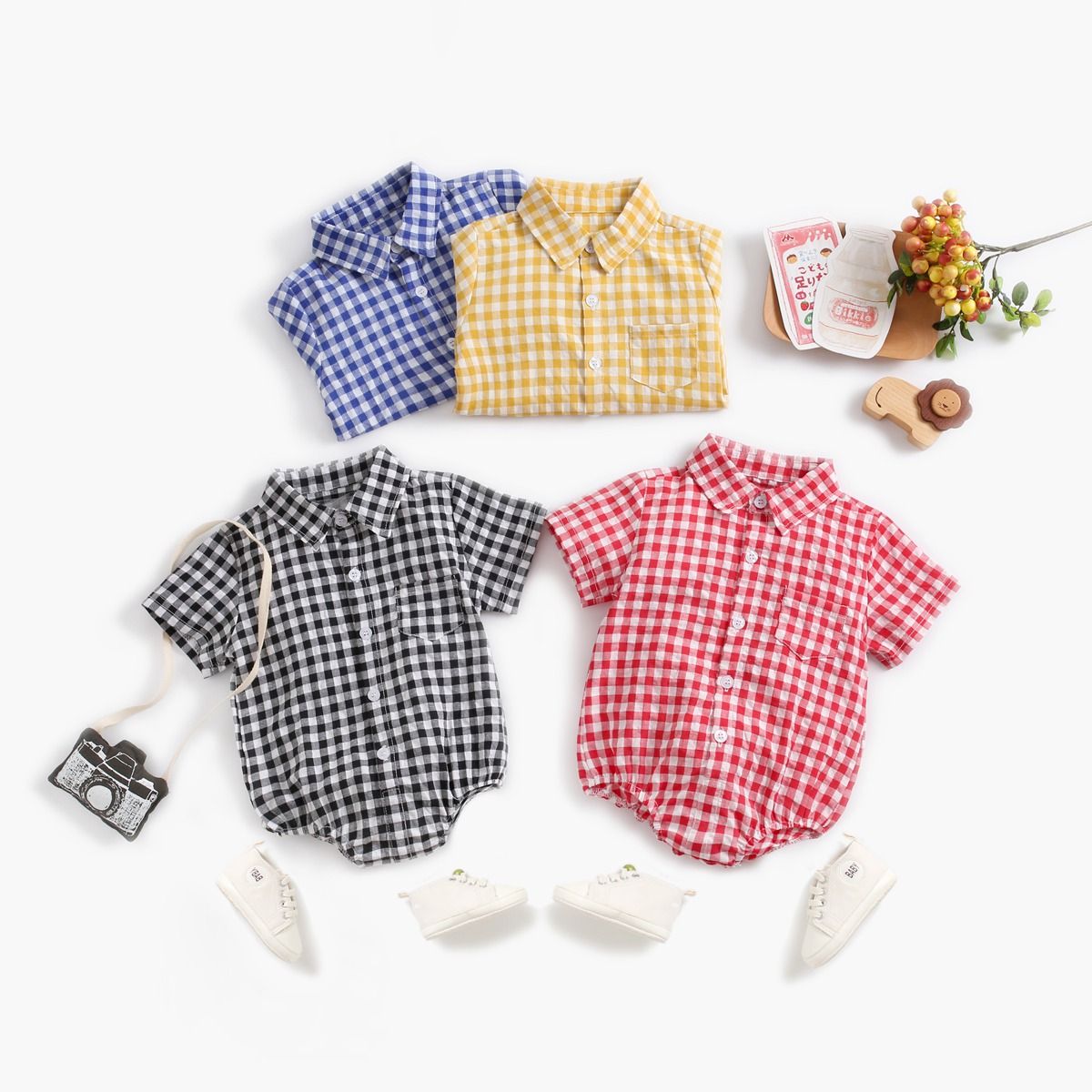 Newborn Baby Boys Bodysuits Classic Plaid Baby Clothing Cotton Summer Short Sleeve Infant Jumpsuits Fashion