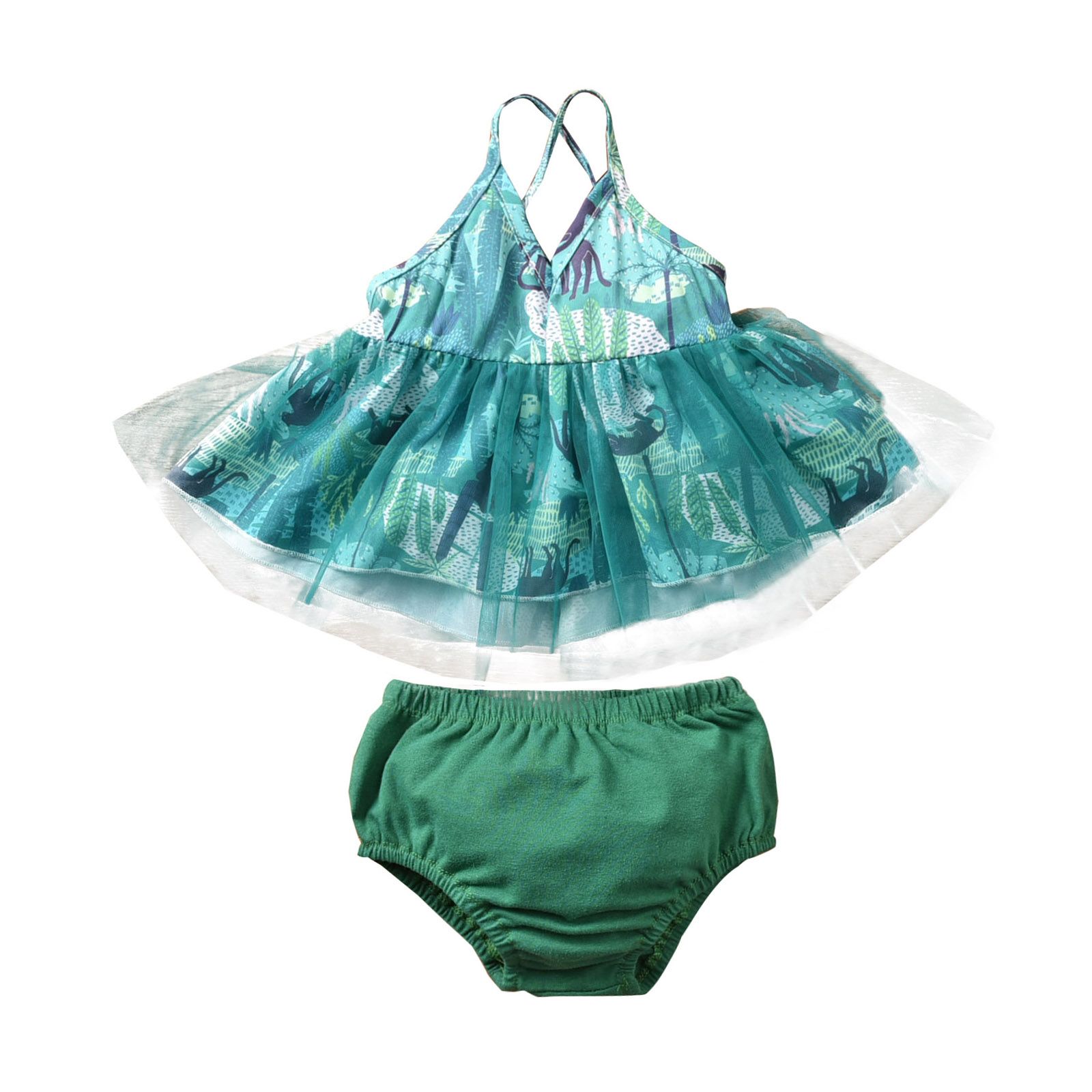 Baby Girls Clothes Set, Leaf Print V-neck Sling Tops+Solid Color Elastic Waist Short Pants