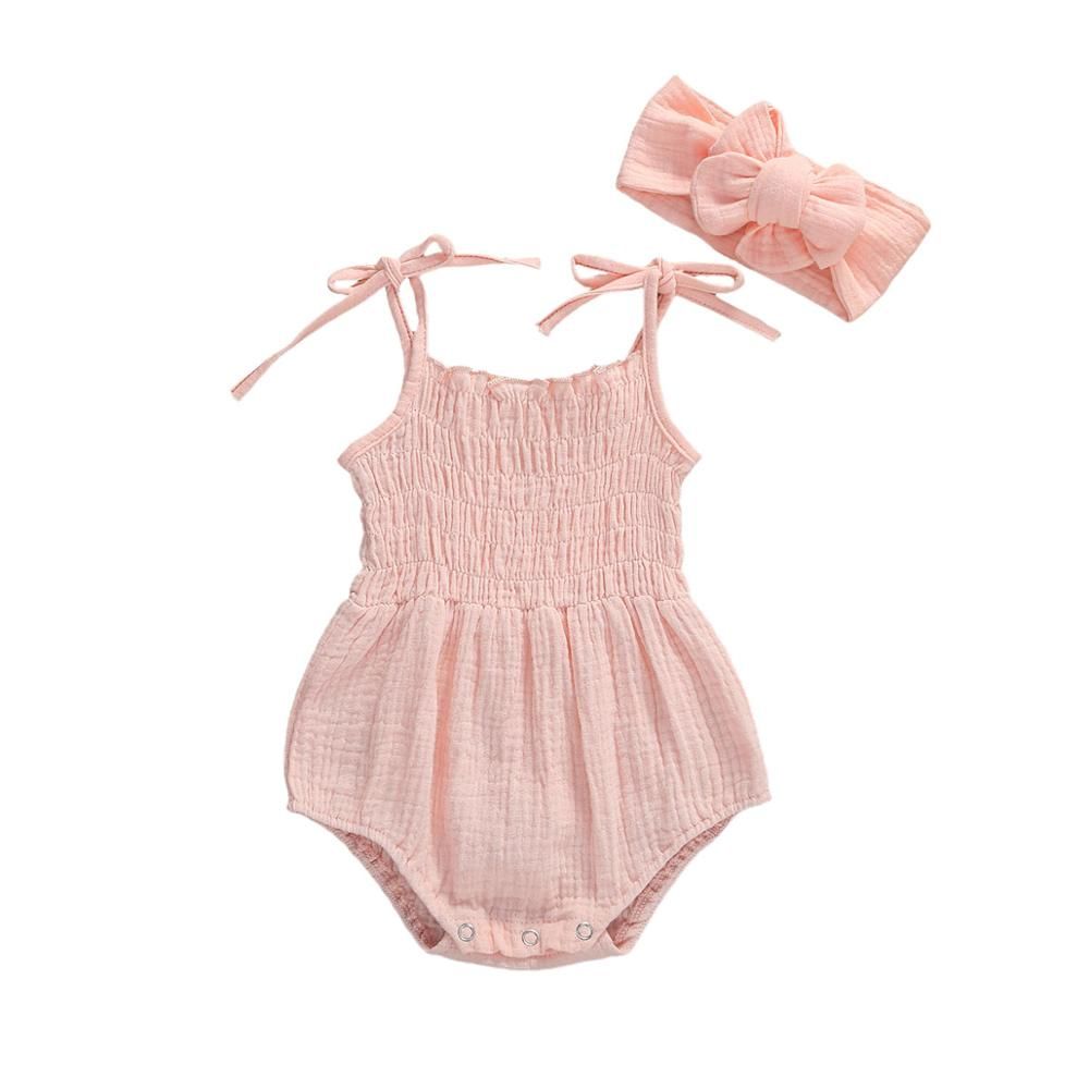 2020 Baby Summer Clothing Infant Newborn Baby Girls Boys Solid Cotton Linen Bodysuits Sleeveless Strap Jumpsuits +Headband