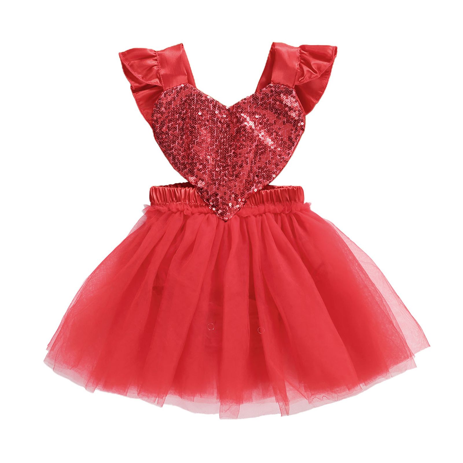 Newborn Girl Fly Sleeve Romper, Valentine's Day Heart Pattern Sequin Decor Backless Back Tie Up Mesh Patchwork Playsuit