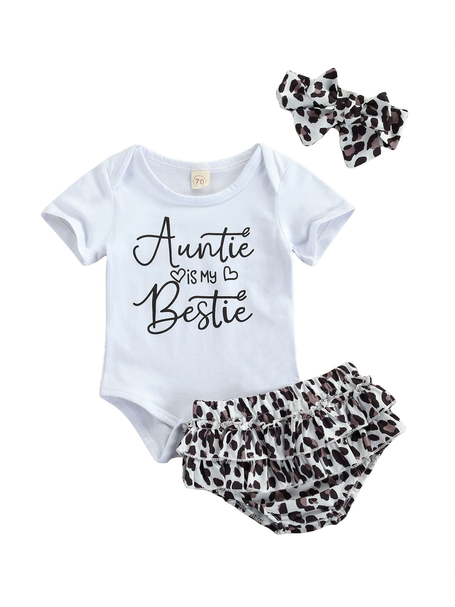 Baby Girls 3Pcs Summer Outfits, Short Sleeve Letter Print Romper + Leopard Bloomers + Headband Set