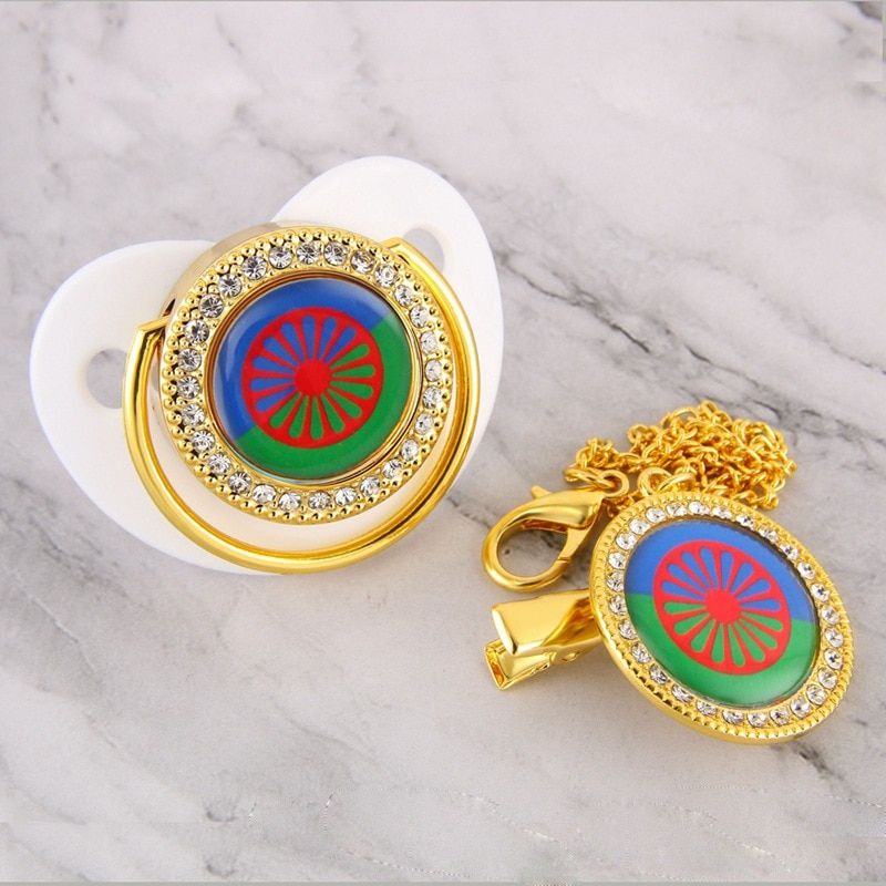 Rom Gypsy Flag Luxury Baby Pacifier With Chain Clip Newborn Baby Dummy Soother 0-18 Months BPA Free Baby Nipple