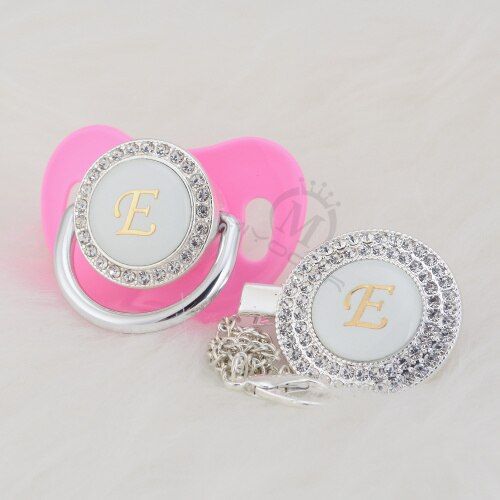 BLING silver bling pacifier and pacifier clip set name Initials letter E unique BPA free dummy bling baby shower gift LE-1