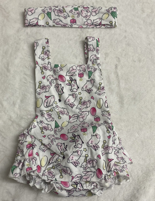 Baby Girls Holiday Cute Cartoon Print Sleeveless Ruffle Romper with Headband Set