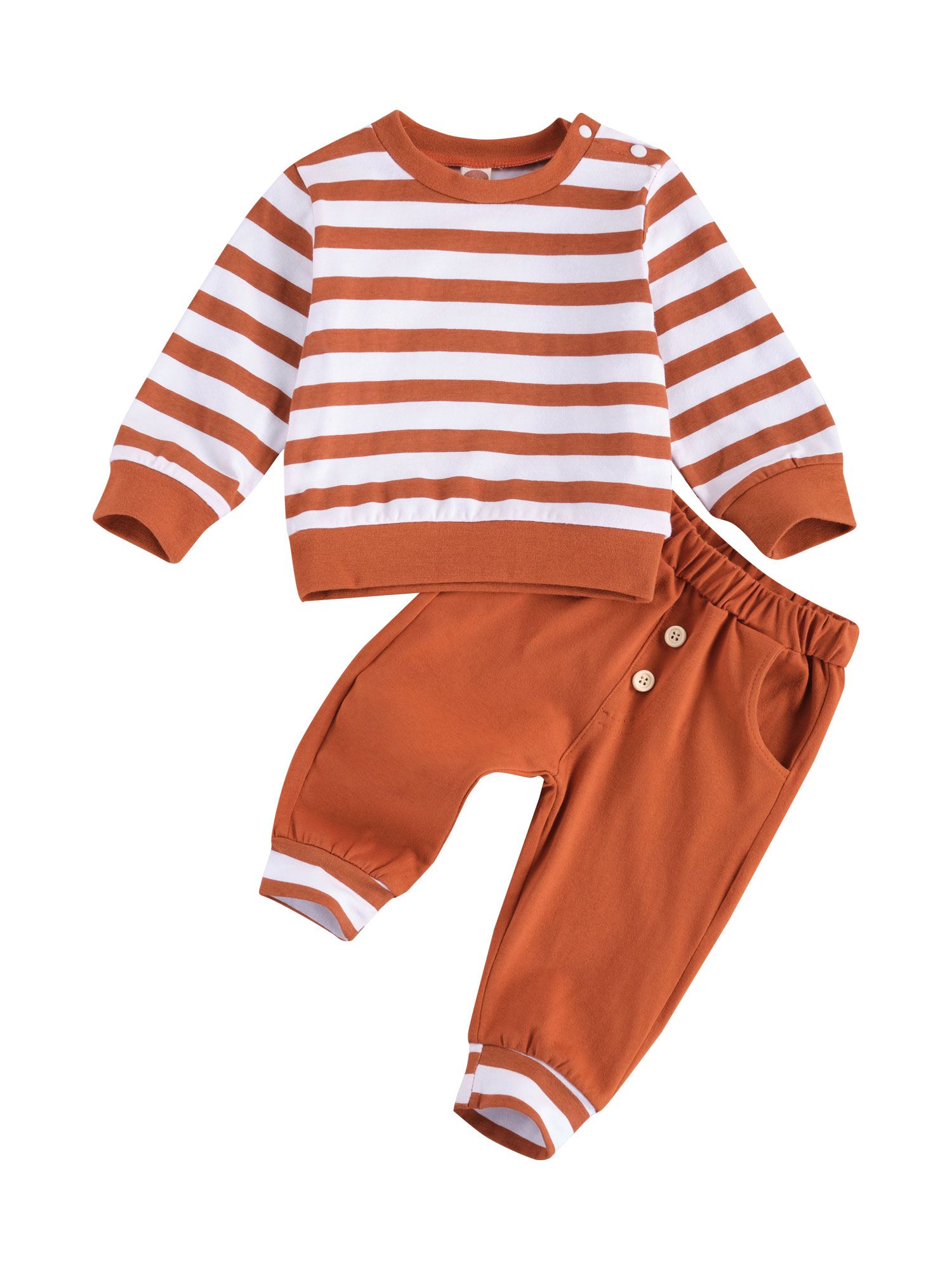 Casual Baby's Strip Suit, Long Sleeve Round Neck Elastic Head Long Pants with Pockets for Autumn Early Winter