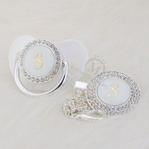 MIYOCAR name Initial letter S elegant silver collection bling pacifier and pacifier clip BPA free dummy bling SGS pass LS-1