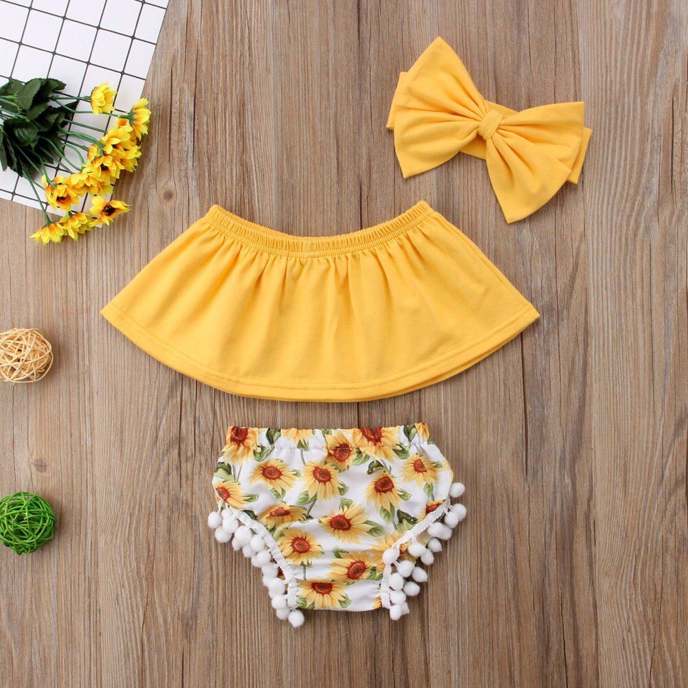 2018 Brand New Toddler Infant Newborn Baby Girls Off Shoulder Tops+Floral Shorts+Headband 3PCS Outfits Set Sunflower Clothes