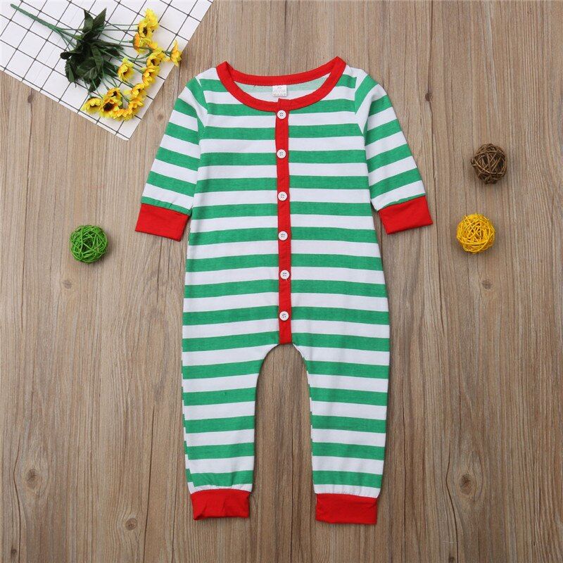 Xmas Pretty Casual Infant Baby Girls Boys Nightwear Christmas Romper Long Sleeve Single Breasted Red/Green Striped Pajamas 0-3Y