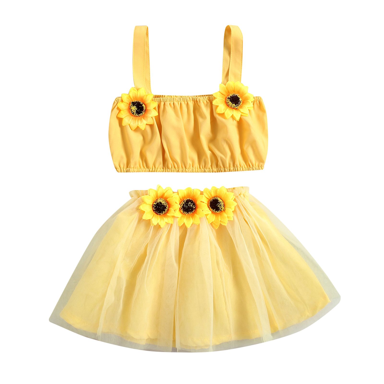 2Pcs Girls Summer Skirt Set, 3D Sunflower Elastic Crop Vest + Short Gauze Skirt for Toddlers, Kids, 6 Months to 3 Years