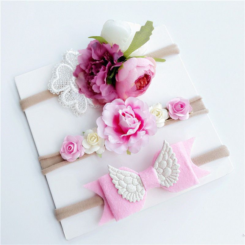 BalleenShiny 3PCS Baby Girls Artificial Flower Headband Elastic Nylon Ribbon Newborn Hairband Birthday Party Gift Headwear Set
