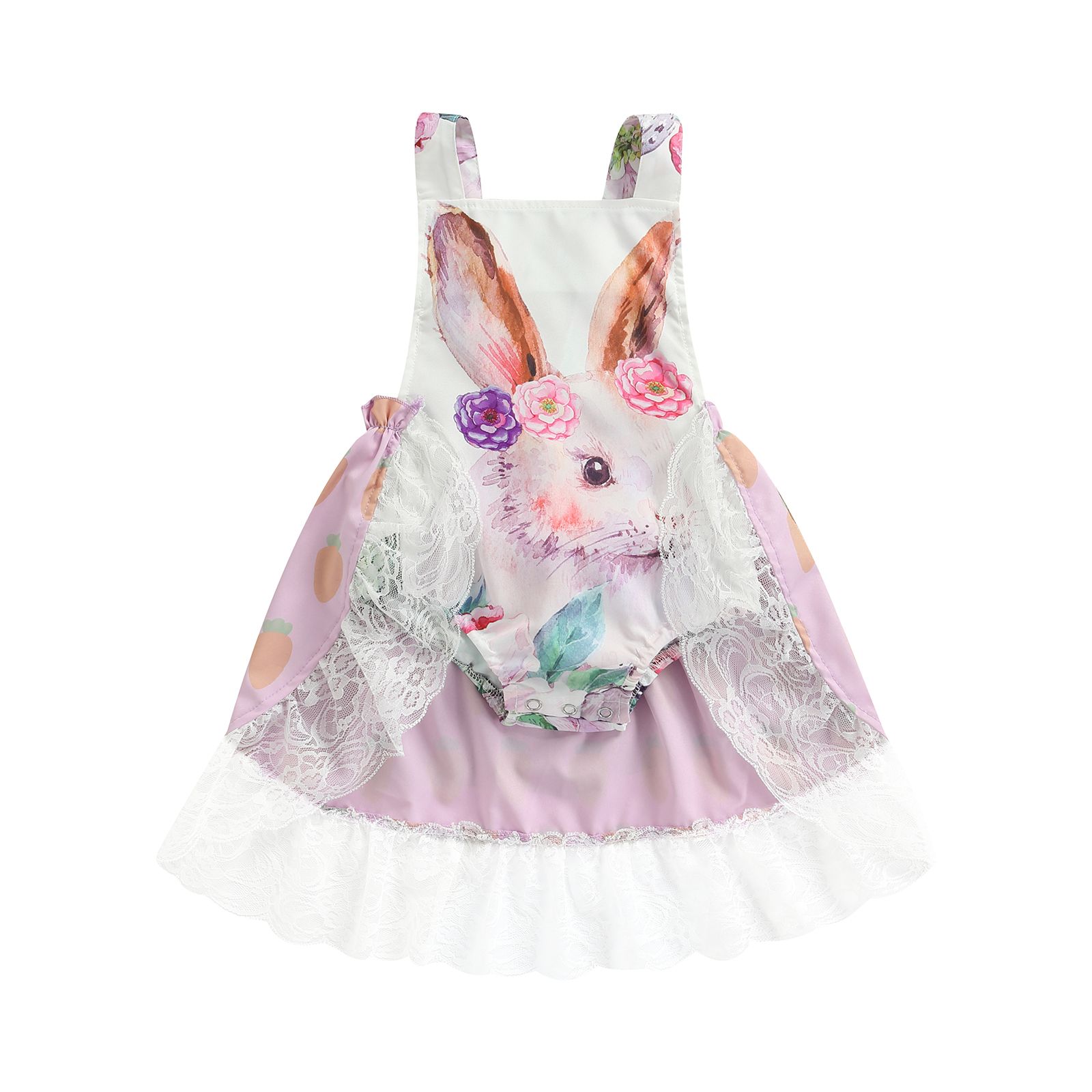 Baby Girls Sleeveless Romper, Cartoon Bunny Print Summer Short Jumpsuit with Lace Patchwork Cloak