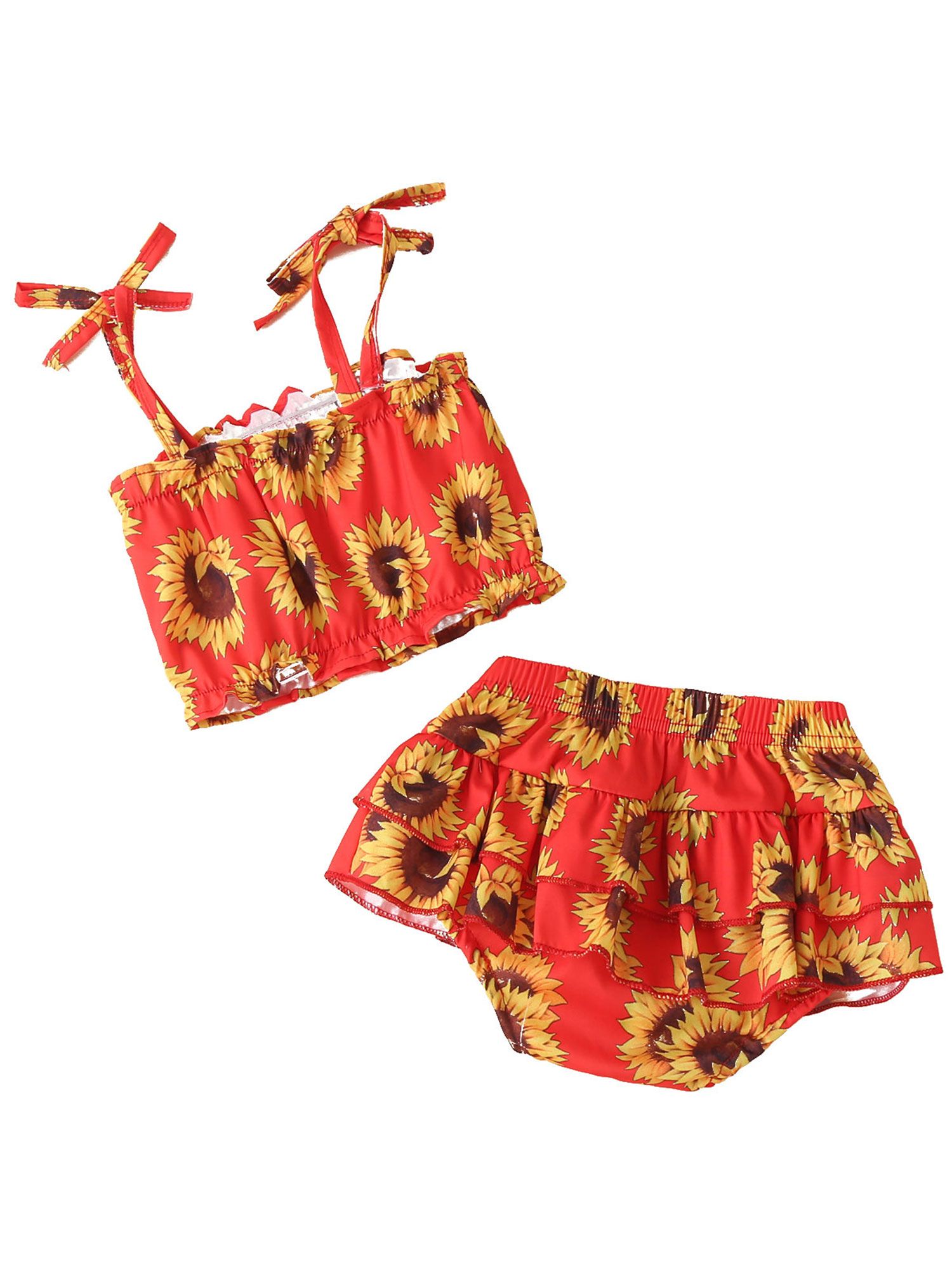 Baby Girls Three-piece Clothes Set, Floral Printed Pattern Suspender Tops + Culottes + Headdress