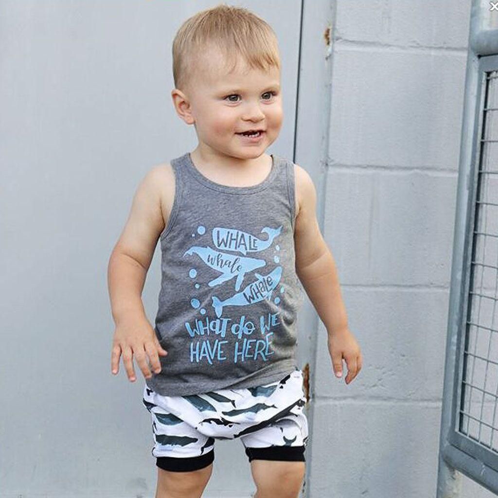 （  & Ready Stock）Toddler Kid Baby Boys Letter Print Vest Tops Cartoon Shorts 2PC Outfits Summer