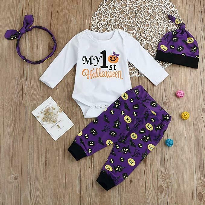 Halloween 0-24M Baby Girl Boy Halloween Romper Tops Clothes Set Headband+Pants+Hat